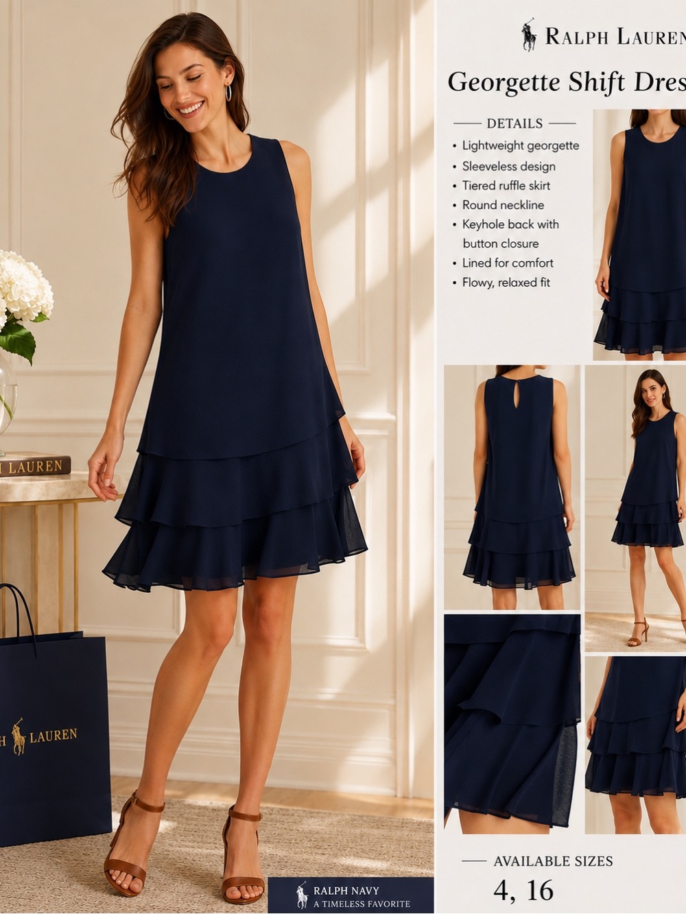 Ralph Lauren Navy Sleeveless Tiered Georgette Midi Dress